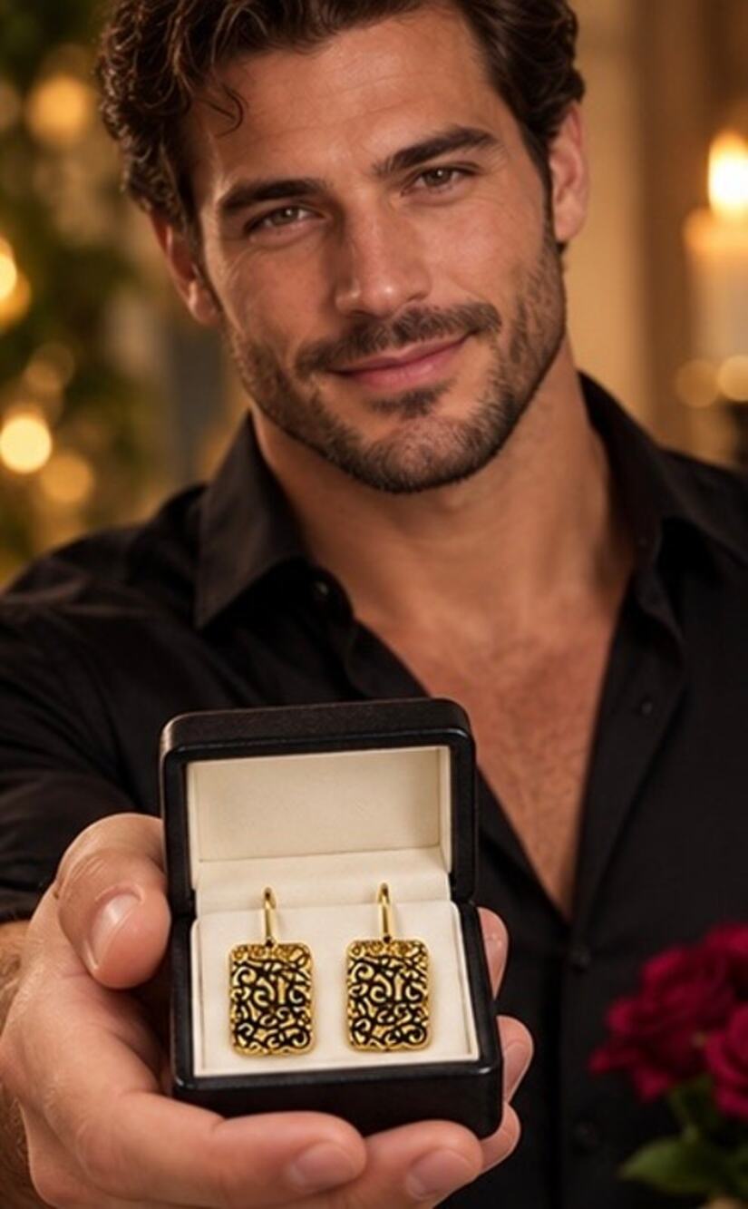 Gold Tone Filigree Scroll Rectangle Drop Earrings